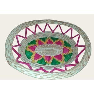 Handcrafted Woven Bamboo Basket With Colorful Pattern & Open Weave Design